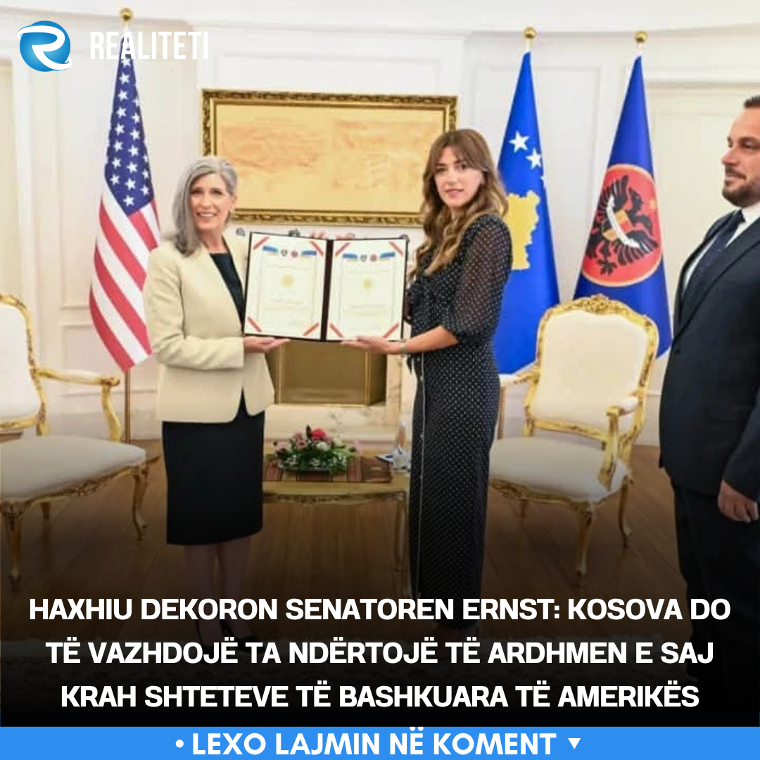 Haxhiu dekoron senatoren Ernst  Kosova do të vazhdojë ta ndërtojë të ardhmen e saj krah Shteteve të Bashkuara të Amerikës